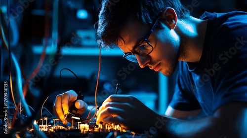 A focused engineer works on a circuit board amidst glowing lights, highlighting the intricacies of electronics and innovative technology.