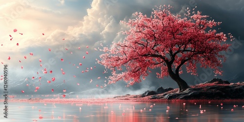 Beautiful cherry blossom tree in full bloom during sunset in a serene landscape
