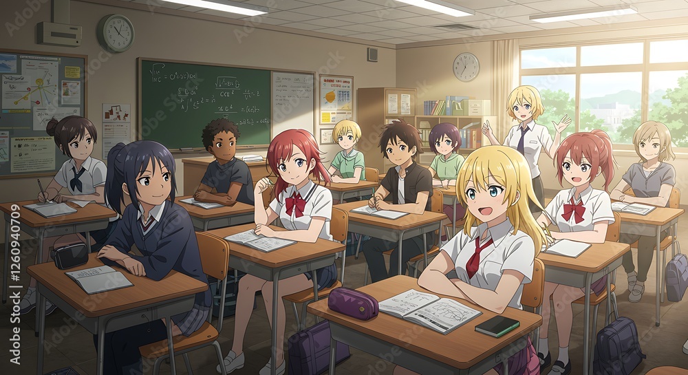 Anime Classroom Scene with Students Learning and Teacher in Background Anime Classroom Scene with Students Learning and Teacher in Background
