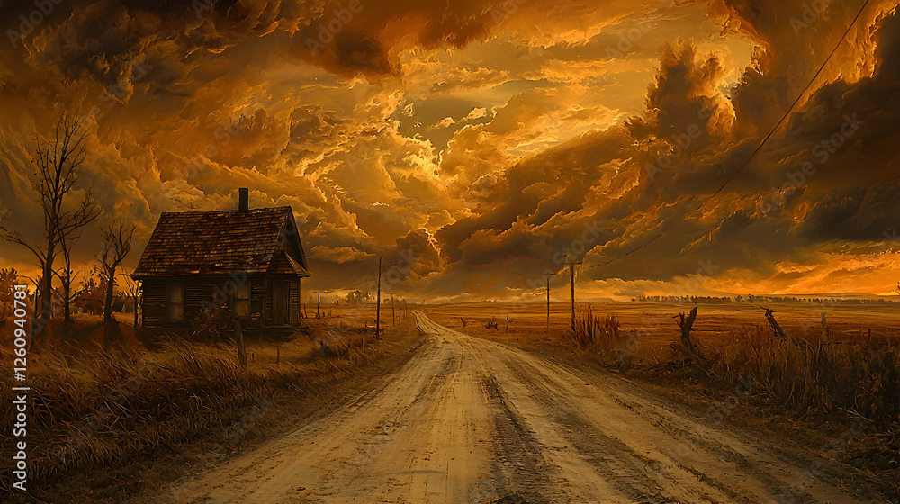 Fototapeta premium Rural farmhouse sunset, country road, dramatic sky, landscape