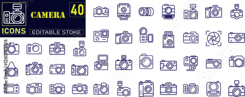 Set of outline icons related to camera. Containing photo camera, photographer, video camera and photograph symbol vector illustration. 
