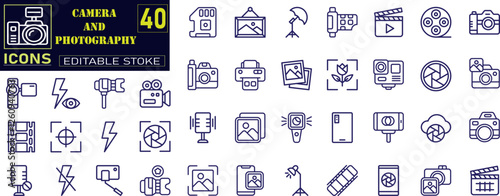 Set of outline icons related to camera. Containing photo camera, photographer, video camera and photograph symbol vector illustration. 