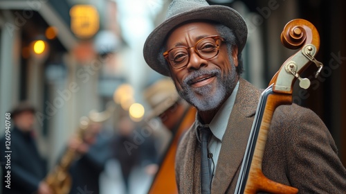Musician smiles while playing bass in vibrant street performance at dusk