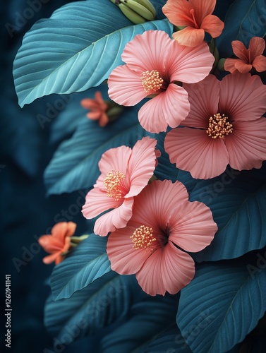 Vibrant pink hibiscus flowers blooming against dark green leaves in a tropica...