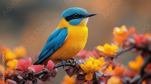Vibrant bird perched on a blooming branch in a lush garden during spring season