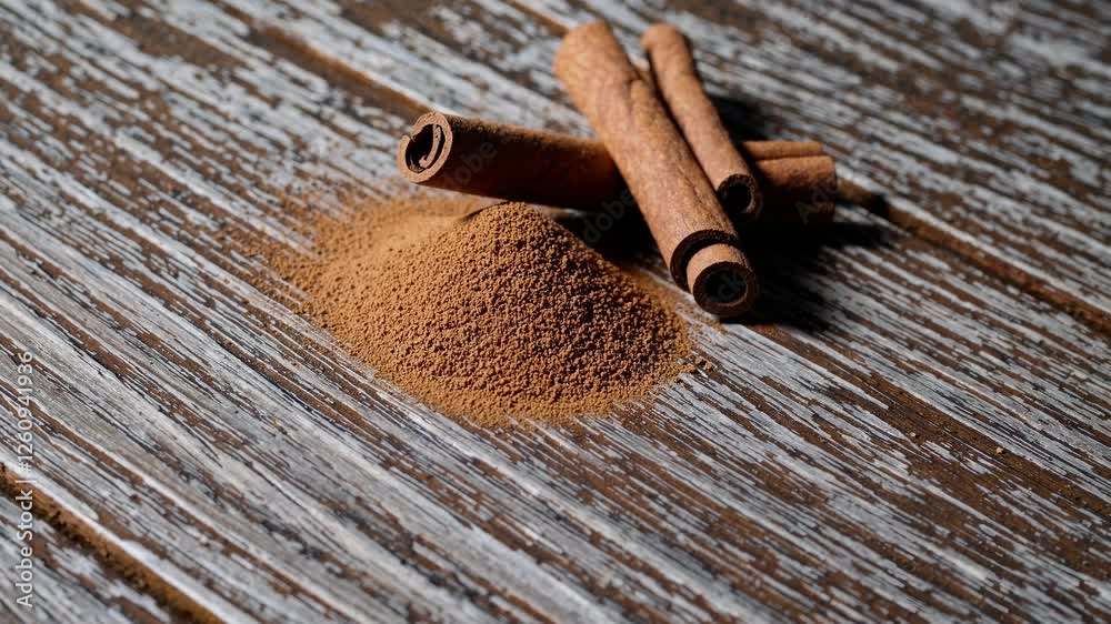 Close-up video shot of cinnamon sticks and powder on rustic wood. Captures texture and earthy tones from a low angle, emphasizing detail.