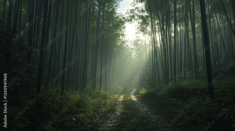 Obraz premium Misty bamboo forest path, sunlight, nature scene, tranquil background, travel photo