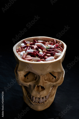 Cráneo humano con la parte superior abierta, lleno de píldoras y cápsulas, sobre un fondo oscuro.  Concepto visual sobre la adicción a los medicamentos y el abuso de fármacos. 