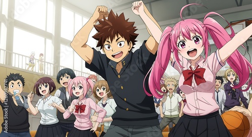 Anime High School Students Cheering in Gymnasium After Basketball Game Victory