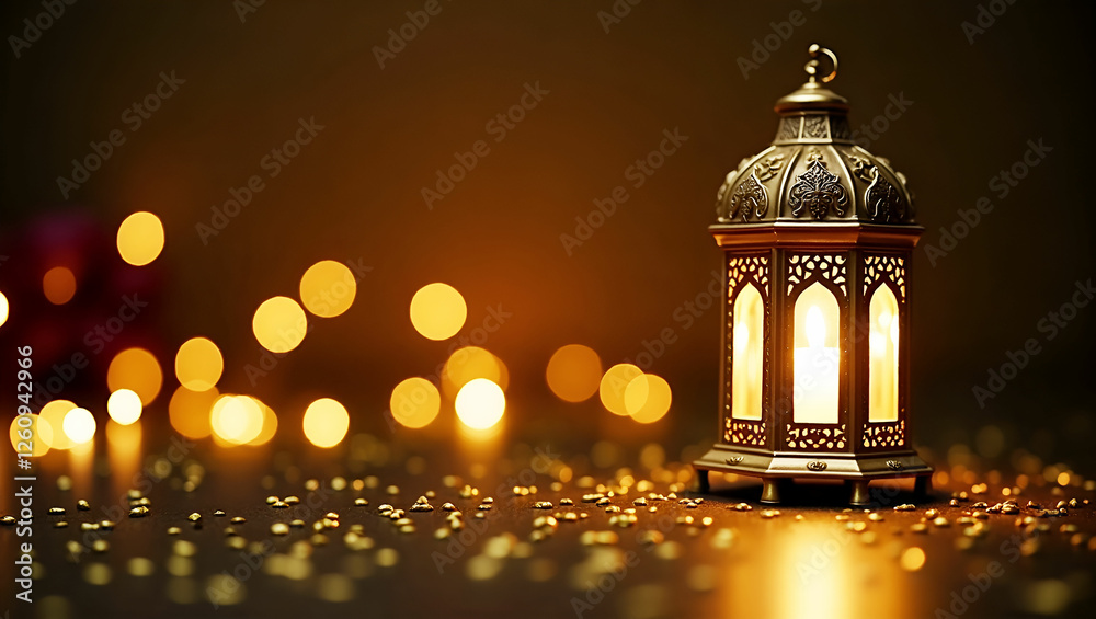Fototapeta premium Ramadan Kareem Celebration with Lanterns, Crescent Moon, and Dates