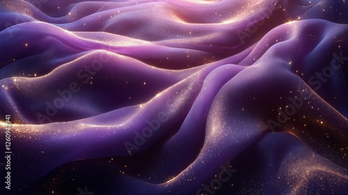 Vibrant purple waves shimmer with golden sparkles in a dreamy landscape