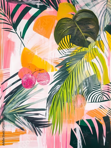 Tropical abstraction with large palm fronds, vibrant fruit clusters, and fluid patterns in pastel pinks, greens, and yellows, featuring bold lines, stripes, and organic forms in pop art style on a cut