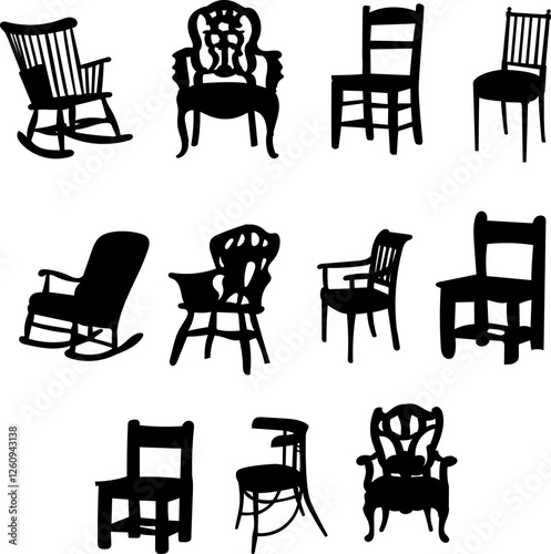 chairs and rocking chair set silhouette on white background vector