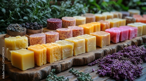 Luxurious handmade soaps arranged beautifully with fresh oranges and pine on ...