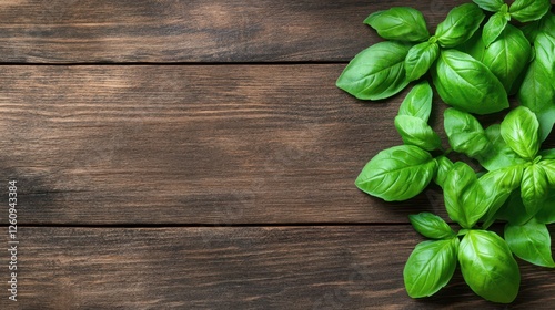 Vibrant green basil leaves on rustic wooden table, culinary delight fresh