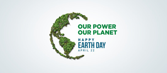 Our power, our planet. Earth day 2025 3d concept background. Ecology concept. Design with 3d globe map drawing and leaves isolated on white background.
