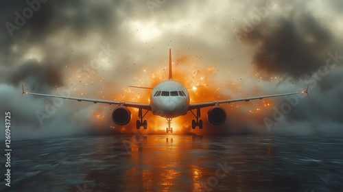 Airplane preparing for takeoff amidst an explosive backdrop at an airport in ...