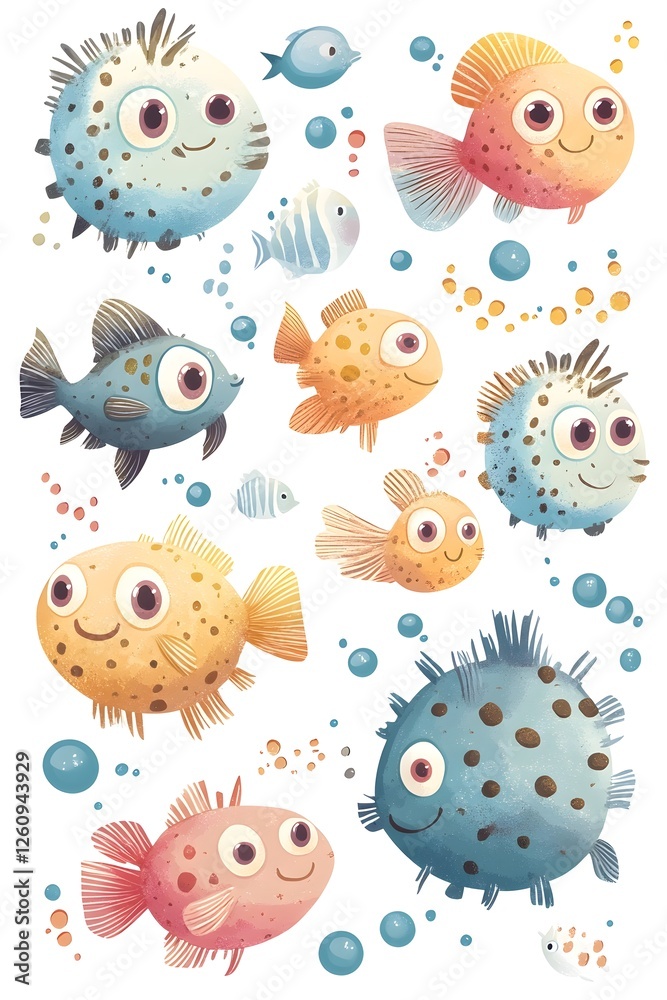 Obraz premium Vibrant Pastel Pufferfish and Anglerfish Sticker Sheet - Quirky Cartoon Aquatic Creatures in Soft