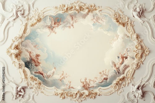 Richly Detailed Rococo Ceiling Painting With Courtly Themes Framed by Intricate Gilded Border in Soft Pastel Tones