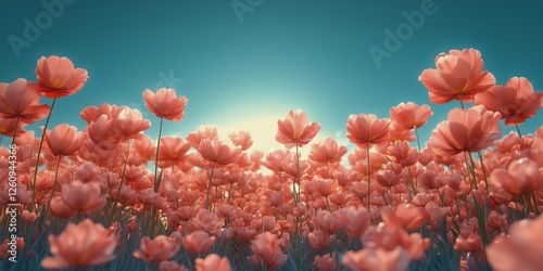 Blooming pink flowers under bright sky during golden hour in a serene meadow ...