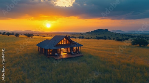 Sunset view of a modern lodge in a quiet grassland landscape during golden hour