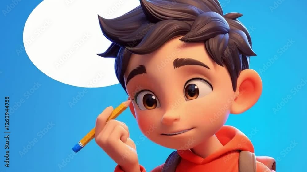 Playful Cartoon Character Design Thoughtful Boy with Pencil, Imagining Ideas in Youthful Education and Creativity Against Blue Background. Playful Cartoon Character Design Thoughtful Boy with Pencil, Imagining Ideas in Youthful Education and Creativity Against Blue Background.