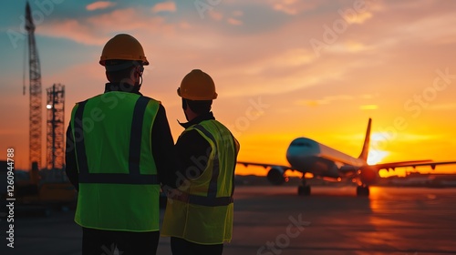 Two construction workers in safety gear observe an airplane taking off against a vibrant sunset sky, highlighting the intersection of aviation and labor.