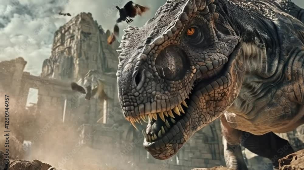 Fierce T Rex Stands Amidst Ancient Ruins, Showcasing Powerful Jaws and Sharp Teeth in Prehistoric Landscape of Awe and Adventure.