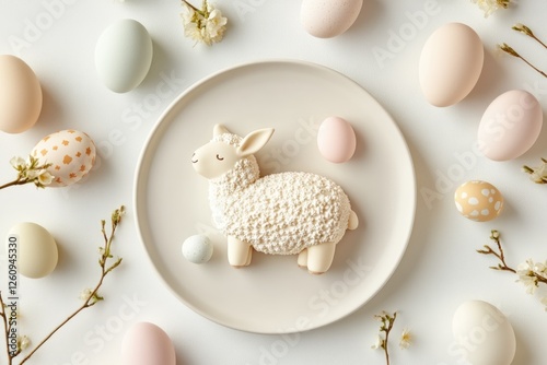 Cheerful Lamb-Shaped Cake With Pastel Easter Eggs on a Simple White Plate Against a Seamless Background photo