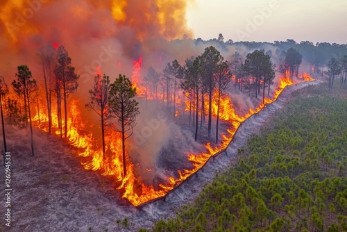 Intense wildfire burning through a forest, creating smoke and flames.