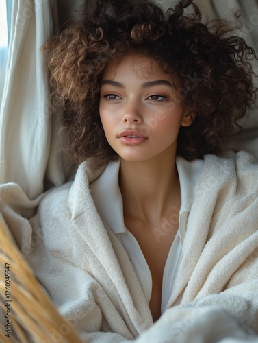 Young woman with curly hair relaxing by a window wrapped in a warm blanket du...