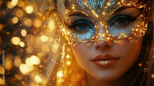 Woman in a sparkling mask surrounded by glowing lights at a festive event
