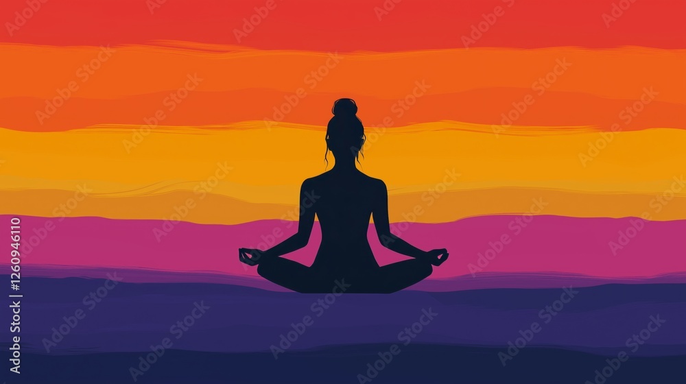 Silhouette of a Woman Meditating in Lotus Pose Against a Vibrant Sunset Background Silhouette of a Woman Meditating in Lotus Pose Against a Vibrant Sunset Background