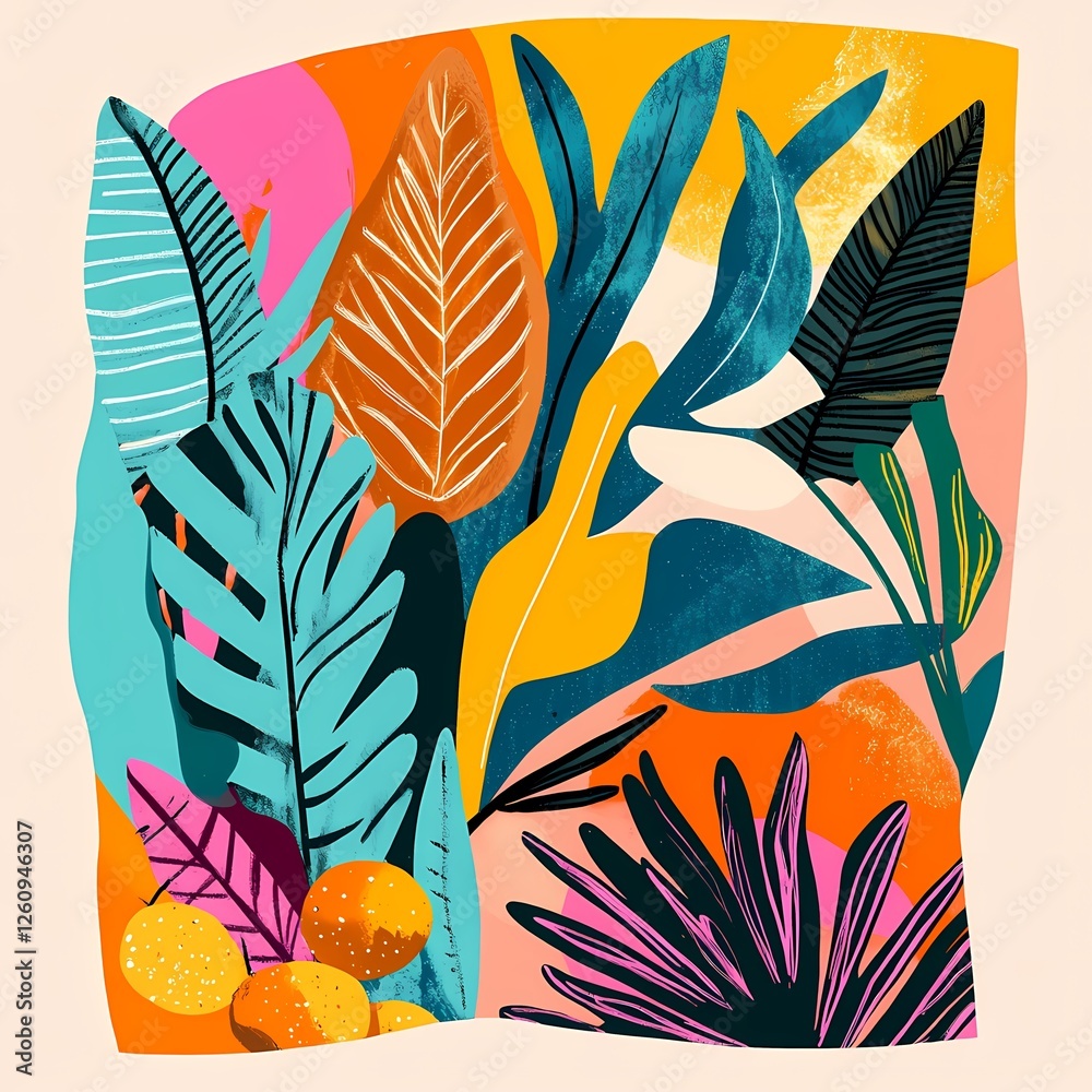 Fototapeta premium Vivid pop art interpretation of a tropical rainforest with oversized leaves and fruits in bright orange, teal, and pink, featuring organic lines, geometric shapes, and bold patterns on a shaped canvas