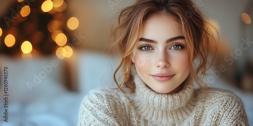 Winter portrait of a woman in a cozy sweater with soft lights in the background