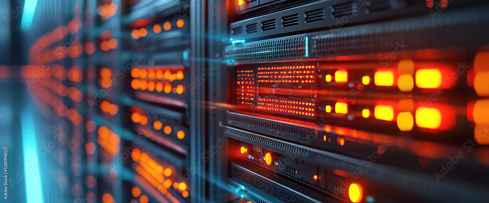Naklejka premium The advancement of quantum computing. Panoramic of mainframe computer with different lights, connections, servers in orange tones. Technology concept.
