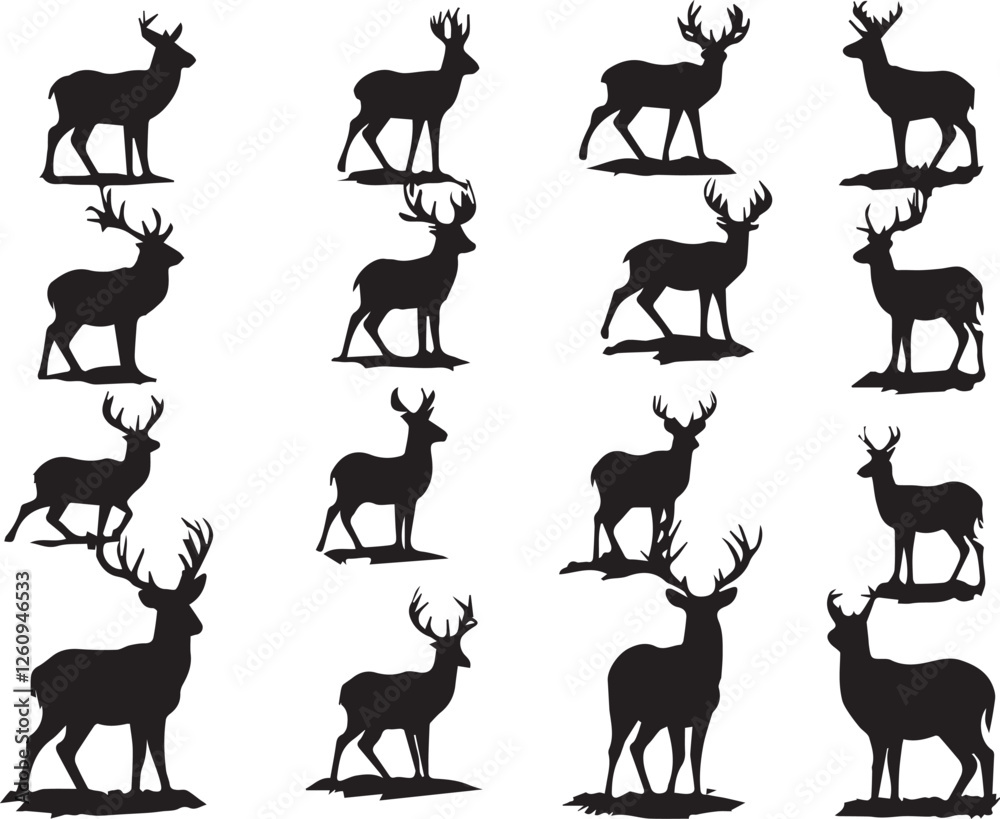 Set of silhouettes male and female red deer in different poses. Noble deer Cervus elaphus. Wild vector animal Set of silhouettes male and female red deer in different poses. Noble deer Cervus elaphus. Wild vector animal
