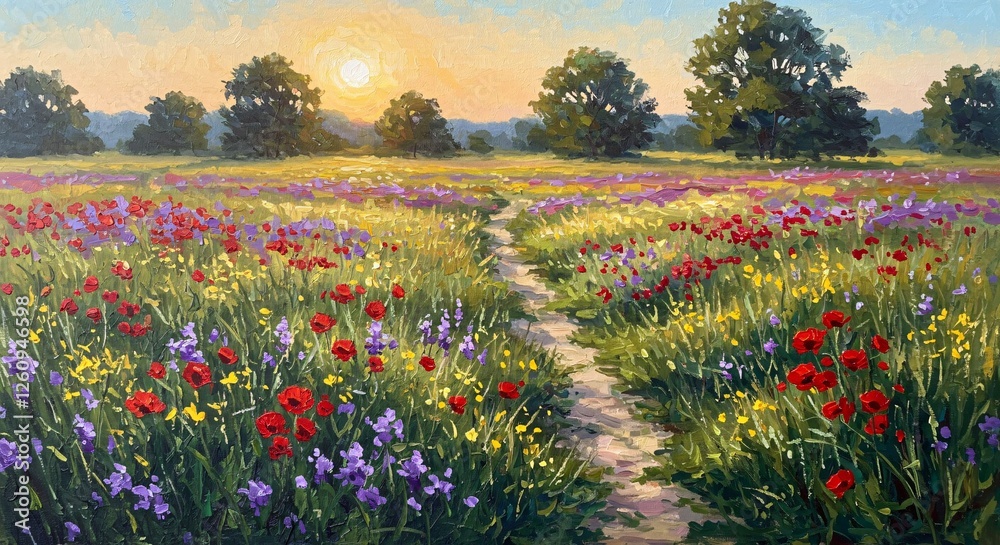 A vibrant painting of a sunlit wildflower meadow with a winding dirt path, colorful blossoms in red, yellow, and purple, and lush green grass, leading to distant trees under a warm golden sky.