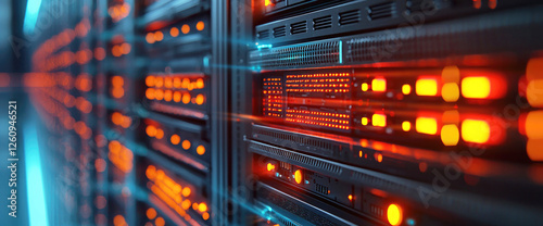 The advancement of quantum computing. Panoramic of mainframe computer with different lights, connections, servers in orange tones. Technology concept.