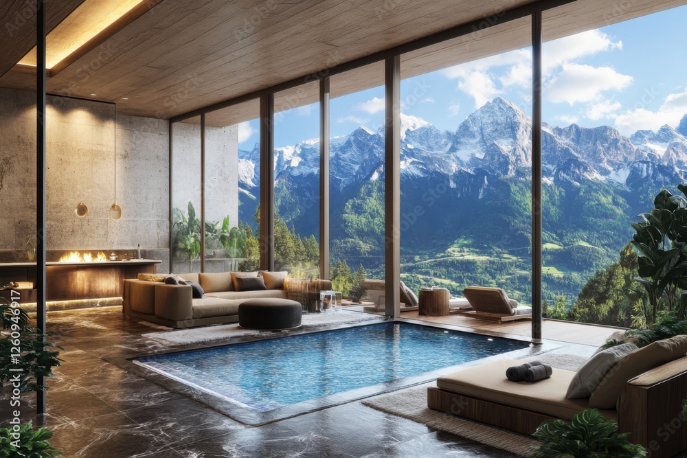 Fototapeta premium Luxury villa with infinity pool showcasing breathtaking mountain panorama and serene modern design.
