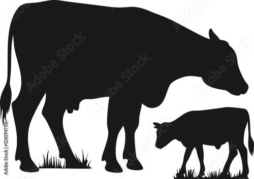 Silhouette of a Cow and Calf Grazing