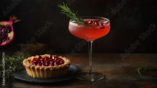 Festive pomegranate cocktail and tart on dark surface, rosemary garnish, holiday season refreshment