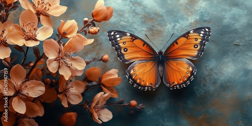 Vibrant butterfly resting among blooming flowers in a serene setting