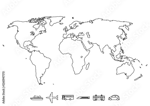 世界地図と交通機関アイコンのイラスト（黒ライン）