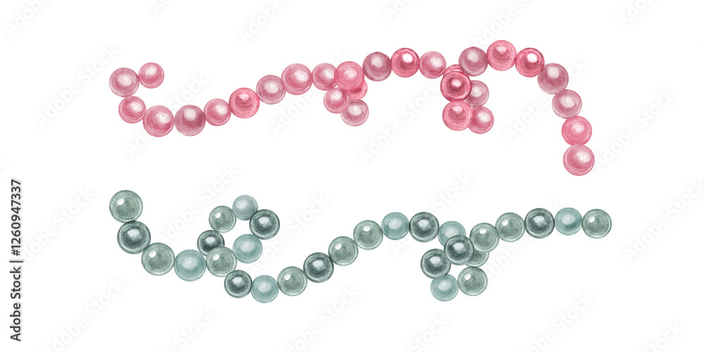 Fototapeta premium Watercolor pearl necklace clip art illustration isolated background. Grey green and pink nacreous beads set Female accessories for holiday design, jewelry stores, retail marketing visuals