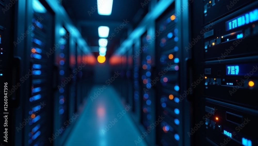 A close-up perspective of server room racks with digital binary code highlighted by blue and orange lights. A close-up perspective of server room racks with digital binary code highlighted by blue and orange lights.