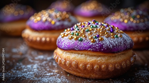 Colorful king cake surrounded by festive ornaments at a vibrant celebration