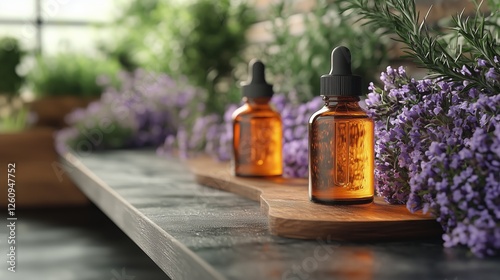 Bottles of essential oil among fresh fruits and berries on a wooden surface