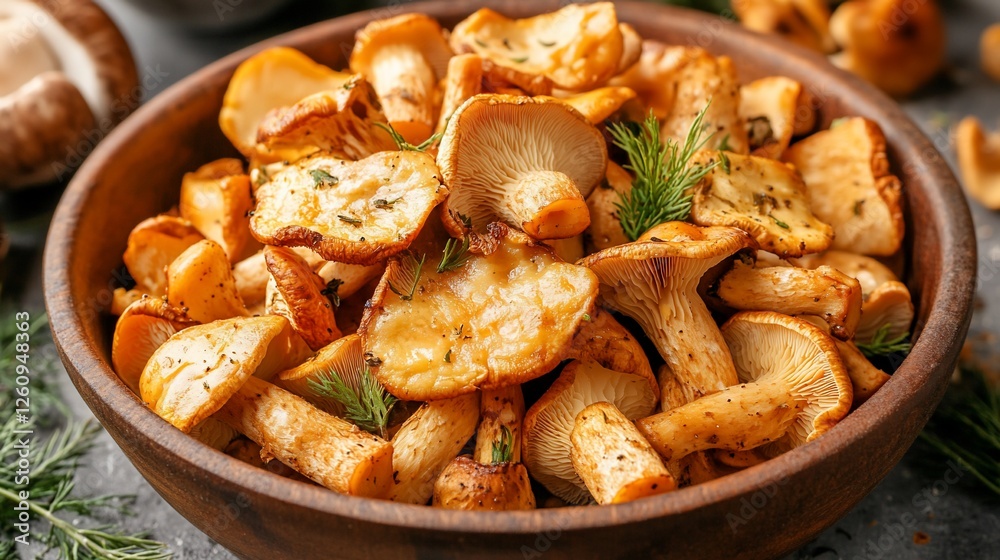 Roasted Chanterelle Mushrooms in Bowl, herbs, dark background, food photography, recipe Roasted Chanterelle Mushrooms in Bowl, herbs, dark background, food photography, recipe
