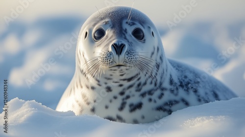 Adorable seal pup resting in snowy landscape during winter season